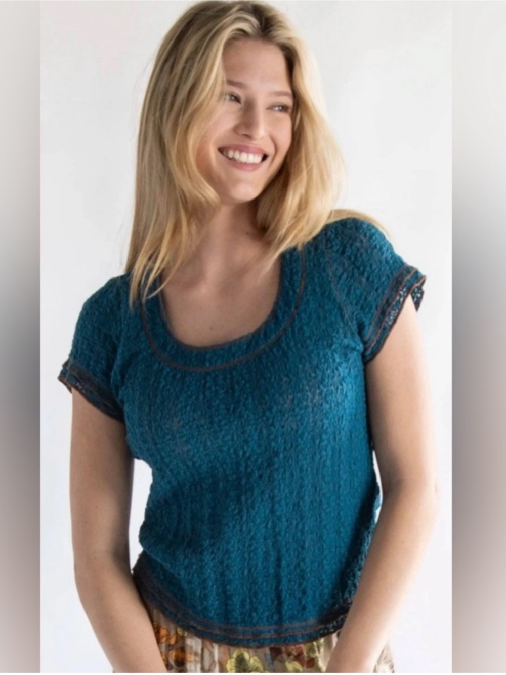 Natural Life Textured Short Sleeve Tee in Blue - Women Tops